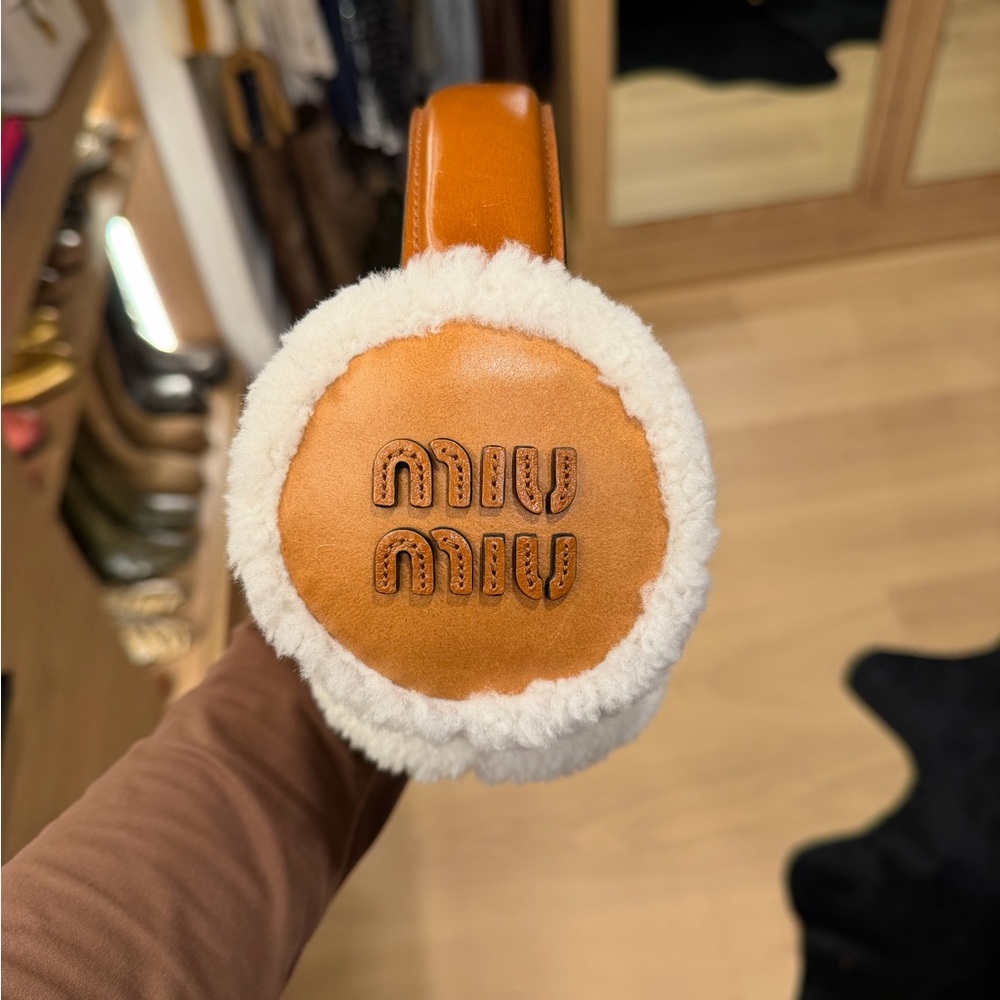 Miu Miu Tan Leather Ear muffs with Cream Shearling Trim
